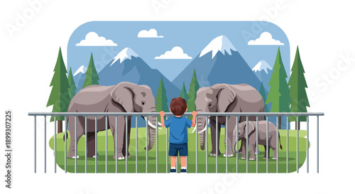 child watching elephants in open habitat with mountains and trees, showing wildlife appreciation, outdoor learning, and memorable zoo adventure in modern flat vector style