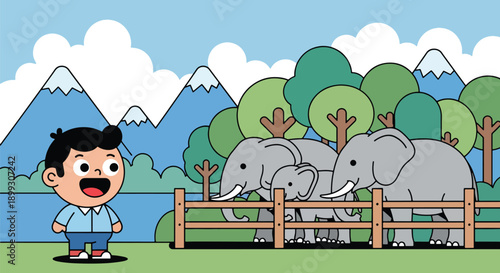 child watching elephants in open habitat with mountains and trees, showing wildlife appreciation, outdoor learning, and memorable zoo adventure in modern flat vector style