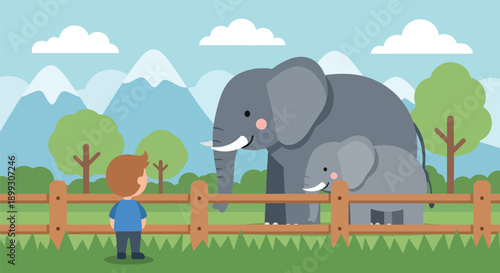 child watching elephants in open habitat with mountains and trees, showing wildlife appreciation, outdoor learning, and memorable zoo adventure in modern flat vector style