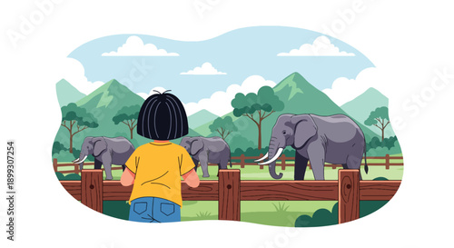 child watching elephants in open habitat with mountains and trees, showing wildlife appreciation, outdoor learning, and memorable zoo adventure in modern flat vector style
