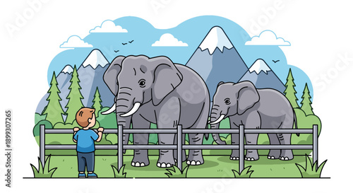 child watching elephants in open habitat with mountains and trees, showing wildlife appreciation, outdoor learning, and memorable zoo adventure in modern flat vector style