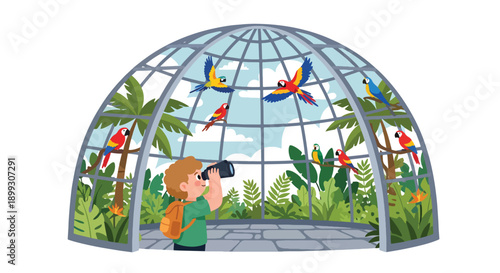 Child using binoculars to watch colorful birds in aviary dome with tropical plants, showing nature exploration, curiosity, and environmental education in modern flat vector style