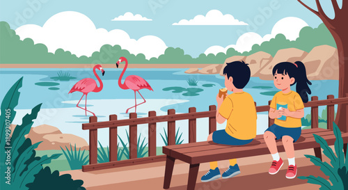 Kids sitting on bench eating snacks near flamingo pond with pink birds and water, showing relaxing zoo visit, family bonding, and outdoor leisure in flat vector illustration