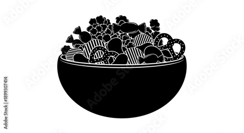 A black and white illustration of a bowl filled with various snacks, including candies, chips, and pretzels, on a white background.