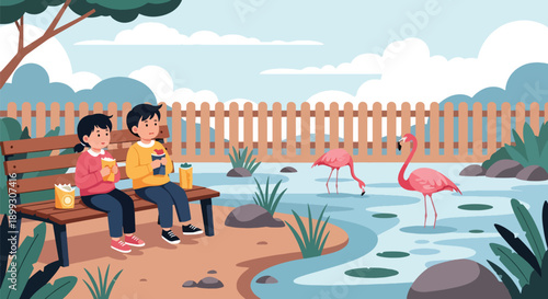 Kids sitting on bench eating snacks near flamingo pond with pink birds and water, showing relaxing zoo visit, family bonding, and outdoor leisure in flat vector illustration