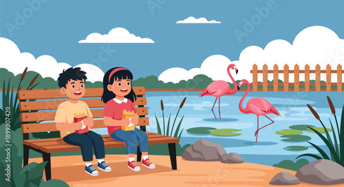 Kids sitting on bench eating snacks near flamingo pond with pink birds and water, showing relaxing zoo visit, family bonding, and outdoor leisure in flat vector illustration