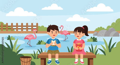 Kids sitting on bench eating snacks near flamingo pond with pink birds and water, showing relaxing zoo visit, family bonding, and outdoor leisure in flat vector illustration