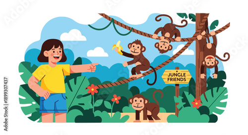 Excited girl pointing at monkeys climbing ropes in jungle exhibit with green plants, showing playful animal observation, curiosity, and zoo learning in modern flat vector style