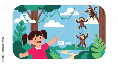 Excited girl pointing at monkeys climbing ropes in jungle exhibit with green plants, showing playful animal observation, curiosity, and zoo learning in modern flat vector style
