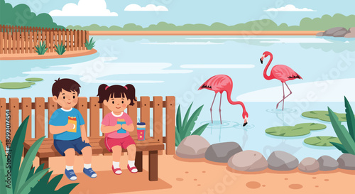 Kids sitting on bench eating snacks near flamingo pond with pink birds and water, showing relaxing zoo visit, family bonding, and outdoor leisure in flat vector illustration