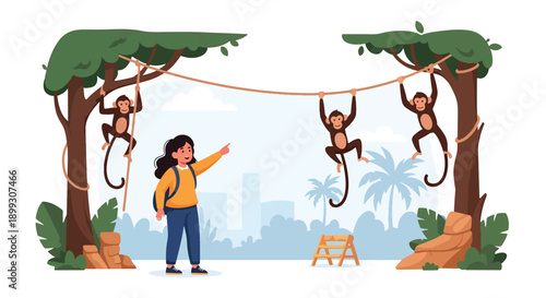 Excited girl pointing at monkeys climbing ropes in jungle exhibit with green plants, showing playful animal observation, curiosity, and zoo learning in modern flat vector style