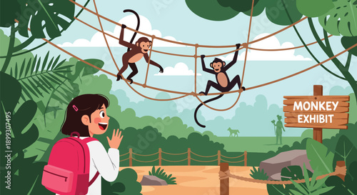 Excited girl pointing at monkeys climbing ropes in jungle exhibit with green plants, showing playful animal observation, curiosity, and zoo learning in modern flat vector style