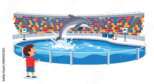 Child watching dolphins jump in aquatic show pool with stadium seating and water splash, showing marine wildlife education, family entertainment, and zoo attraction in flat vector illustration