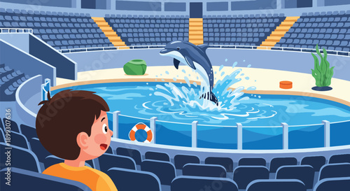 Child watching dolphins jump in aquatic show pool with stadium seating and water splash, showing marine wildlife education, family entertainment, and zoo attraction in flat vector illustration