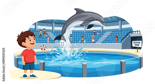 Child watching dolphins jump in aquatic show pool with stadium seating and water splash, showing marine wildlife education, family entertainment, and zoo attraction in flat vector illustration