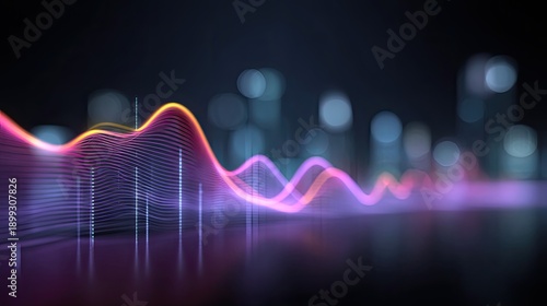 Abstract modern digital sound wave design with vibrant colors and blurred city lights in the background, representing technology and creativity