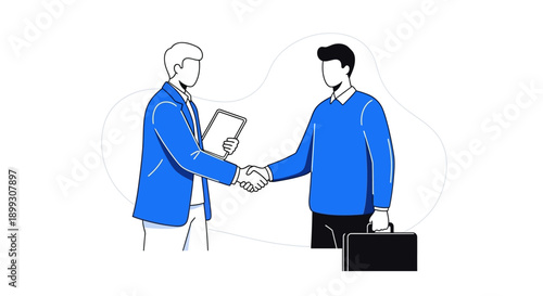Two businessmen shaking hands in agreement, one holding a document and the other a briefcase.