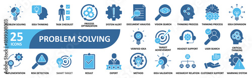 Problem Solving icon set In Blue Style, Vector Illustration. thinking, resolve, answer, analysis, decision, idea, creativity, fix, business, process, find, innovation, issue, puzzle