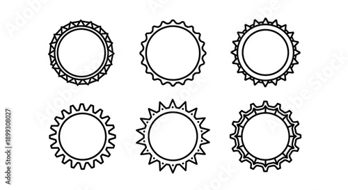 Six black and white line art illustrations of various bottle caps or gear outlines with different serrated edges.