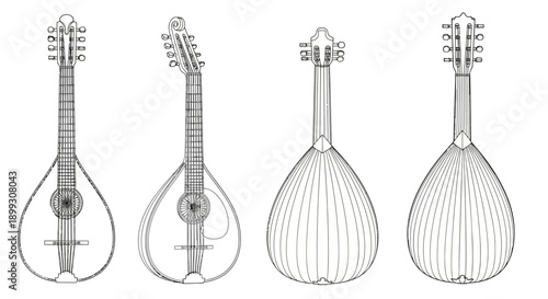 Four detailed line drawings illustrating different views and types of mandolins, showcasing their distinct designs and features.