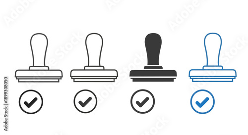 Four different styles of rubber stamps with checkmark icons, symbolizing approval, verification, and quality.