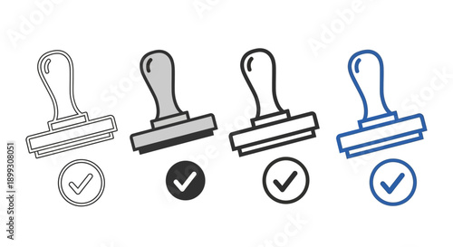 Four different styles of rubber stamps with checkmark icons, symbolizing approval and verification for official documents and processes.