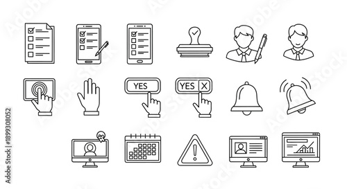 A collection of line icons representing various digital processes, administrative tasks, user interactions, notifications, and data management.