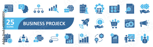 Business project icon set In Blue Style, Vector Illustration. Contain icons related to project, task, plan, process, performance, productivity, strategy, goal
