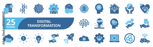 Digital Transformation icon set In Blue Style, Vector Illustration. Contain icons related to transformation, technology, innovation, automation, cloud, datum, ai, software