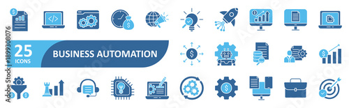 Business automation icon set In Blue Style, Vector Illustration In Blue Style, Vector Illustration. Contain icons related to process, system, software, digital, optimize, efficiency, productivity
