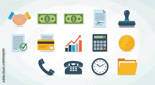 A collection of business and finance icons including money, documents, handshake, calculator, and communication tools.