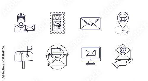 Collection of line icons representing various aspects of mail, post, and digital communication services.
