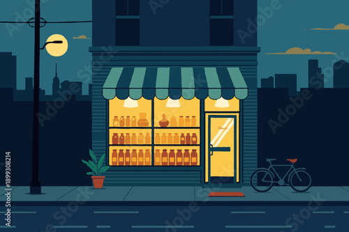 Zero Waste Grocery Storefront Night Glow Vector Illustration