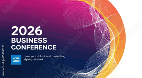 2026 Business Conference with Abstract Colorful Waves and Placeholder Text.