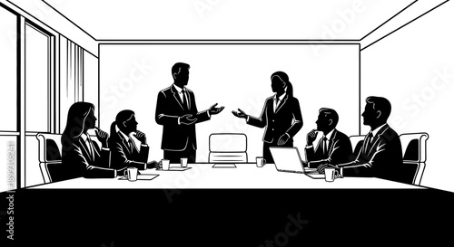 A diverse group of professionals in a modern boardroom engaged in a lively discussion.