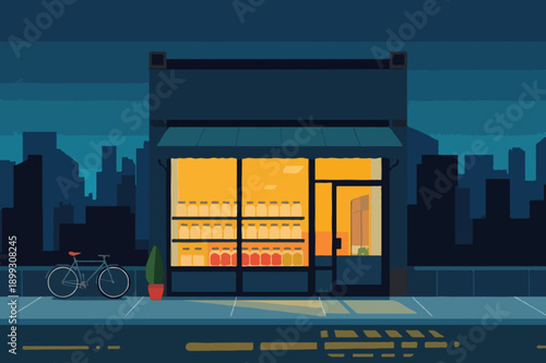 Zero Waste Grocery Storefront Night Glow Vector Illustration