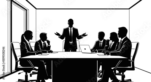 A silhouetted group of business professionals gathered around a conference table in a modern meeting room, with a leader standing and addressing the attendees.