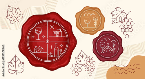 Elegant illustration of wine-themed wax seals with grape leaves and bunches, perfect for vineyard branding or invitations.