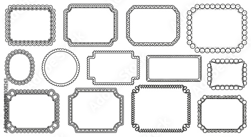 Collection of decorative ornamental frames and borders in various shapes and sizes, presented in a black and white line art style.