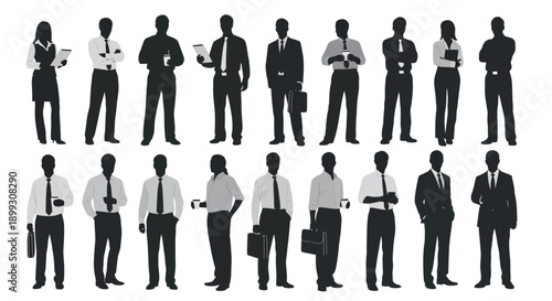 A collection of diverse business professionals standing in two rows, showcasing various attire and accessories.