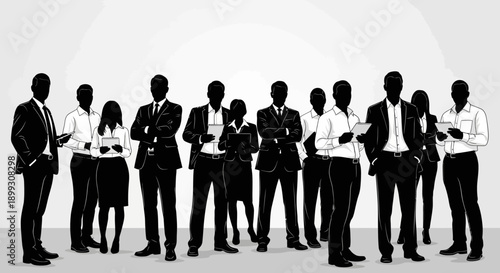 A diverse group of professionals standing together in a formal setting, showcasing teamwork and unity.