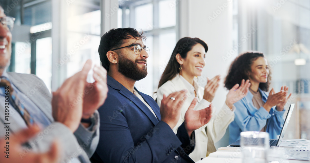 Obraz premium Excited, business people and meeting with applause for presentation, good job or well done in office. Happy, group or employees clapping with smile for team promotion or congratulations in workplace