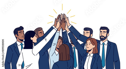 Diverse group of business professionals celebrating success with a high five.