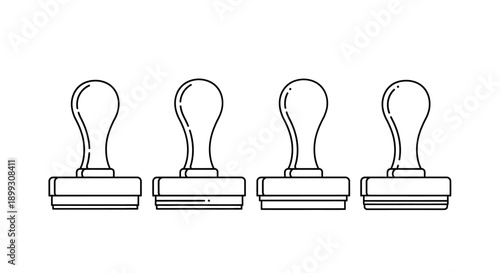 Four identical rubber stamps with handles lined up in a row against a white background.