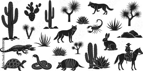 Desert Wildlife and Flora Silhouette Collection on White Background cactus