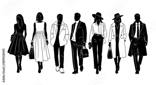 A diverse group of elegantly dressed men and women showcasing fashionable attire and accessories.