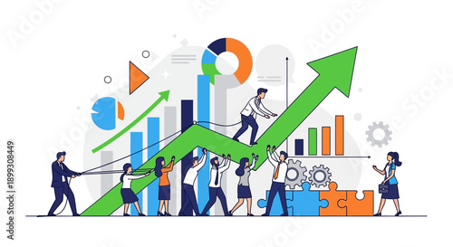 Teamwork and collaboration driving business growth and success with upward trending charts and graphs.