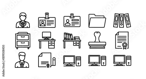 A collection of line art icons representing office supplies, documents, and personnel, suitable for business or administrative themes.
