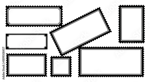 A collection of various blank postage stamps with perforated edges, arranged in a scattered pattern on a white background.