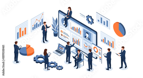 Business professionals collaborating around a large screen displaying data analytics and charts, symbolizing teamwork and strategic planning.